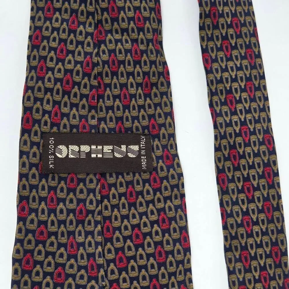 ORPHEUS ITALY SILK TIE BLACK GOLD RED EQUESTRIAN HORSE STIRRUPS 4.5
